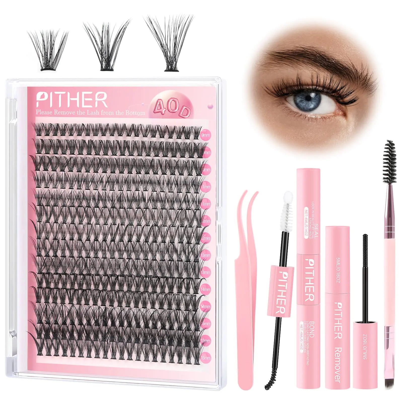 PITHER DIY Lash Extension Kit Eyelash Extension Kit 280PCS 40D Mix 9-16mm Individual Lash Clusters Kit with Applicator Bond and Seal Lash Glue Lash Extension Remover Tweezer
